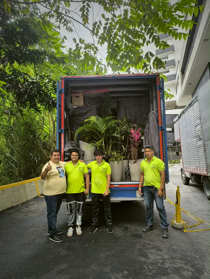Equipo de mudanza tras una entrega con plantas y muebles